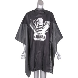 Barber Cape Black with Pinstripes Side Panel & Barbershop Centre Design, Studs