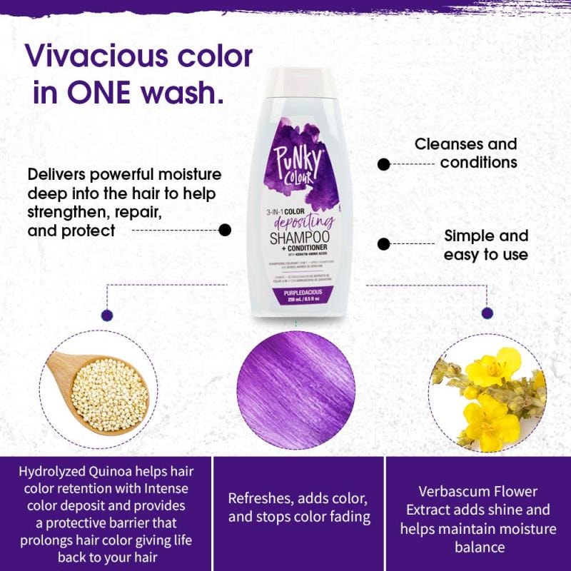Punky Colour 3-in-1 Color Depositing Shampoo + Conditioner, Purpledacious, 250ml - Image 5