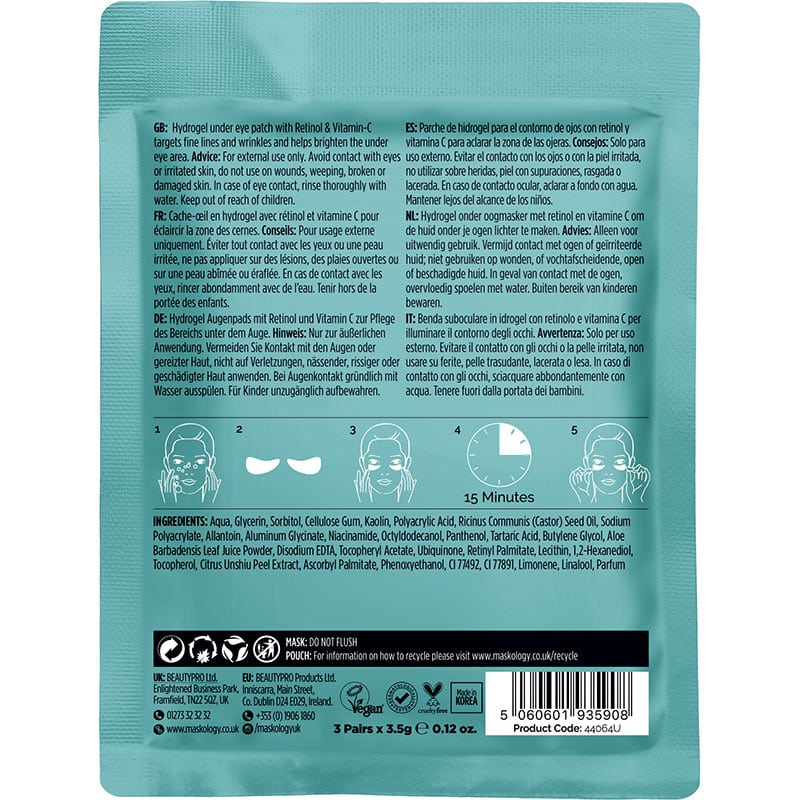Maskology Professional Under Eye Mask - Brightening Retinol + Vitamin C, 3 Pairs - Image 2